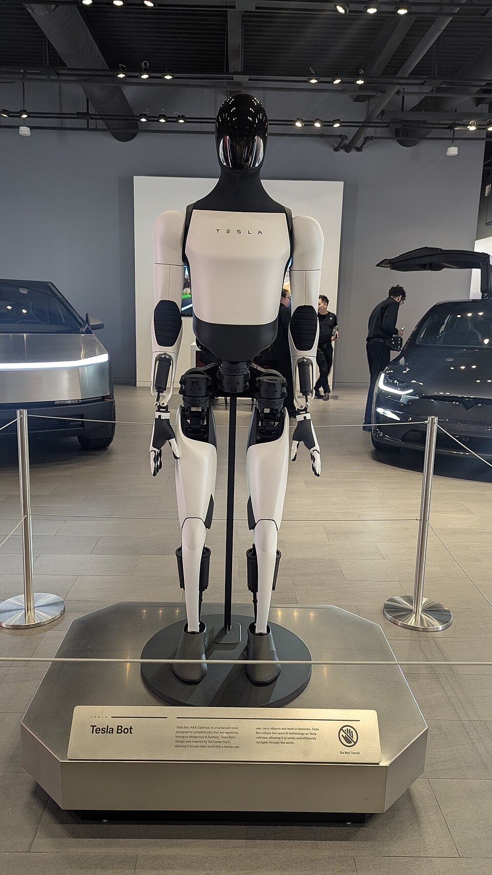 Tesla's Optimus humanoid robot on display in a Tesla showroom