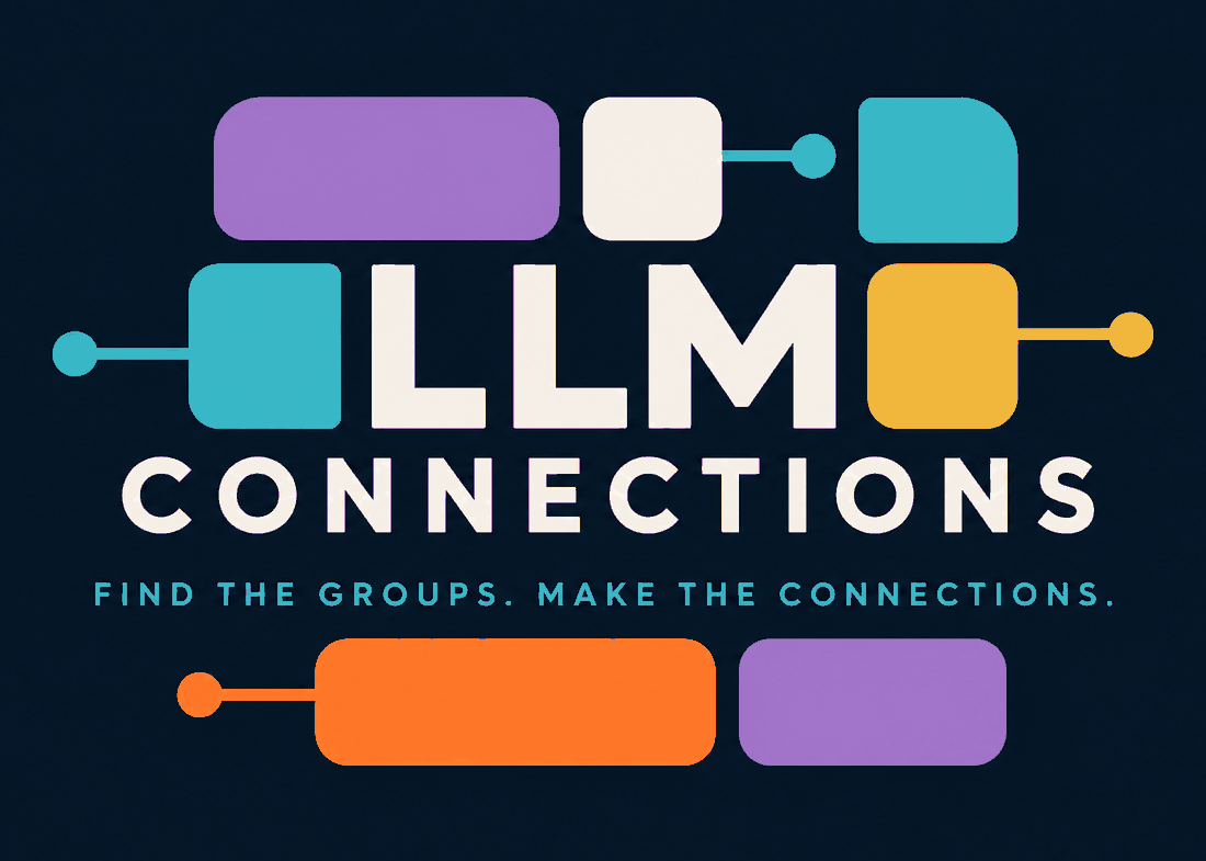 LLM Connections logo: colored word blocks linked by nodes, with the tagline Find the groups. Make the connections.